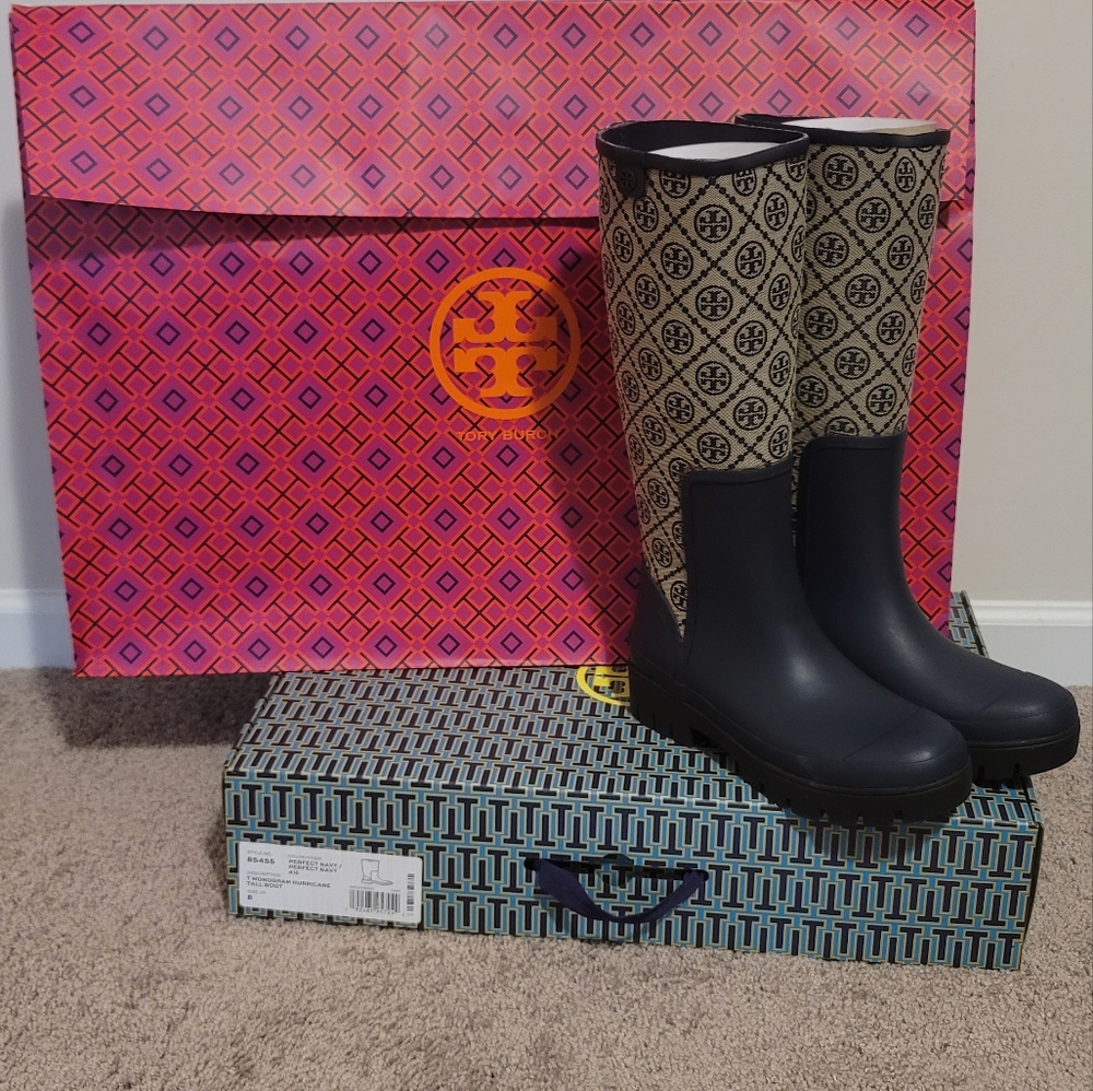Tory Burch Navy and Beige Patterned Rain Boots